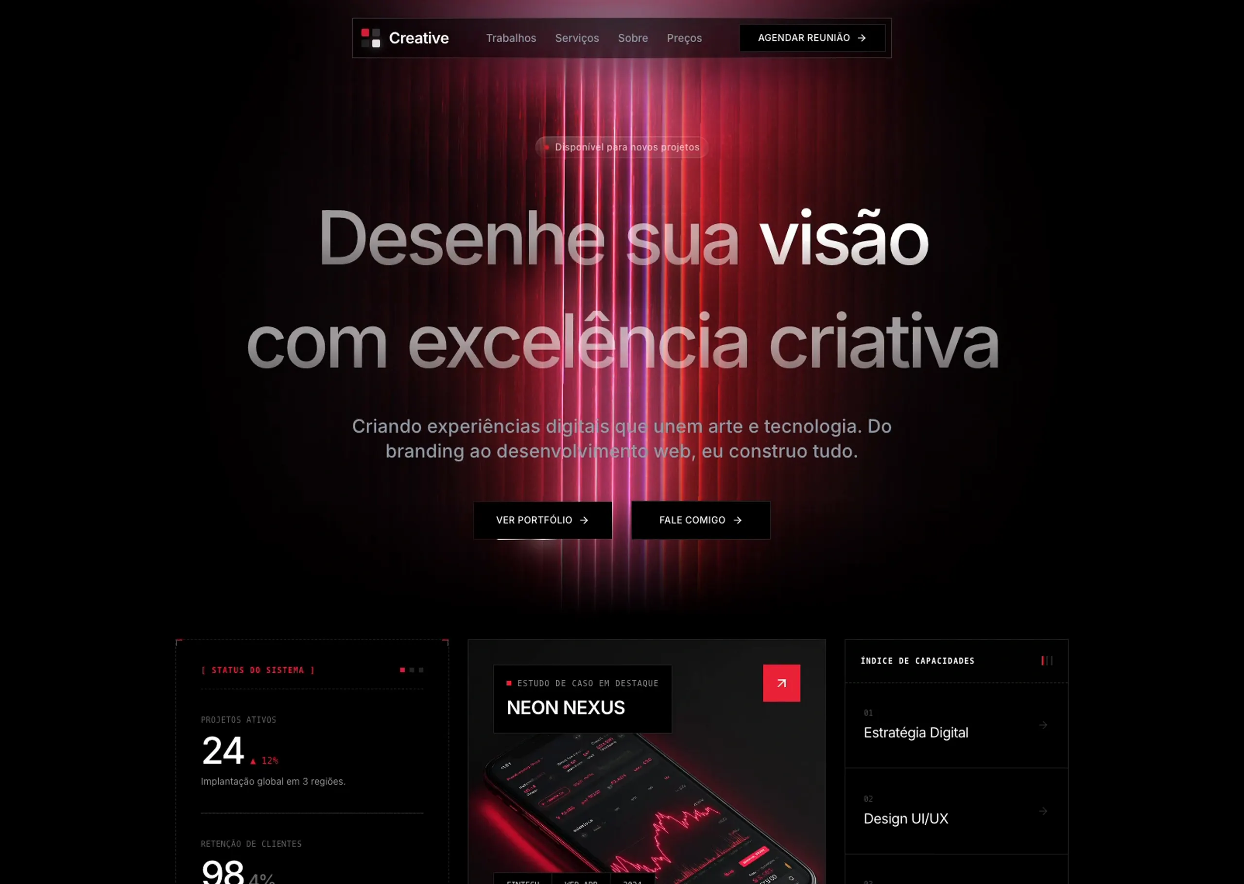 Site de agência com luzes vermelhas animadas e uma composição de projetos digitais