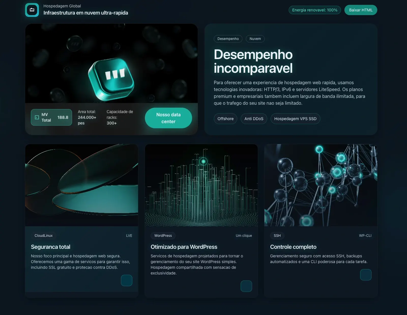 Cards de vidro com reflexos, inclinação e partículas que acompanham o mouse