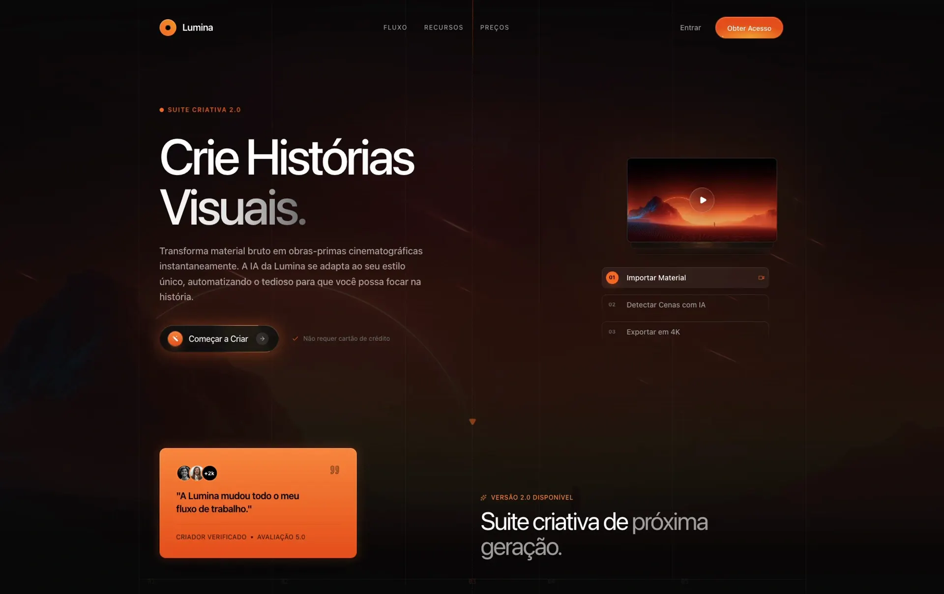 Interface criativa com cenário cinematográfico, tons laranja e animações de luz
