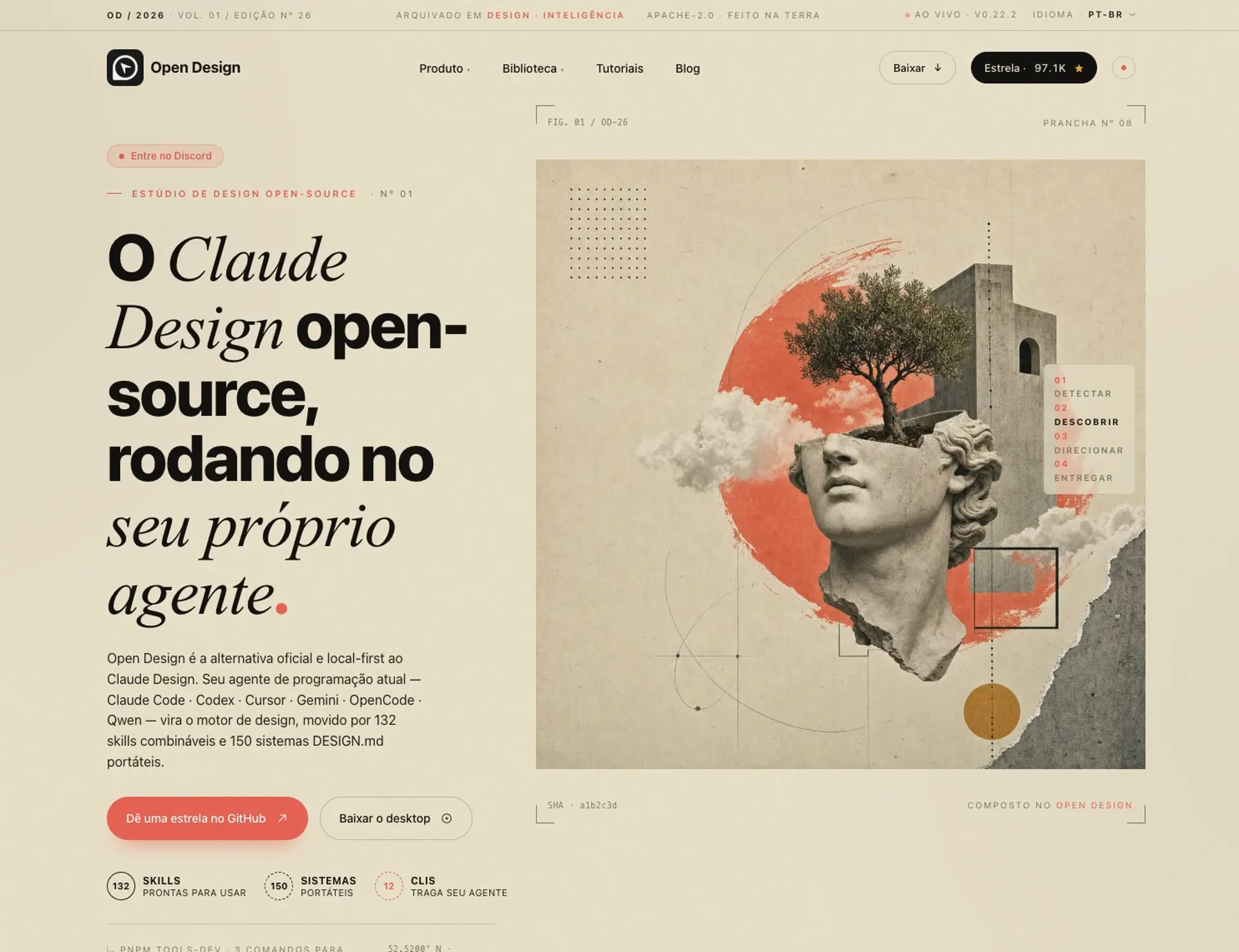 Composição editorial em tons claros com colagem artística, tipografia e movimento