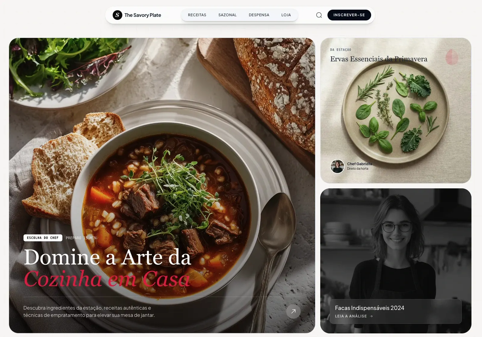 Primeira dobra de um site de gastronomia com fotografia culinária e composição editorial clara