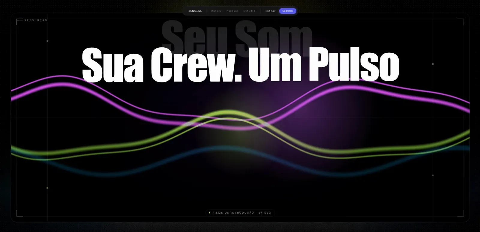 Experiência musical com ondas coloridas, cards flutuantes e animações cinematográficas